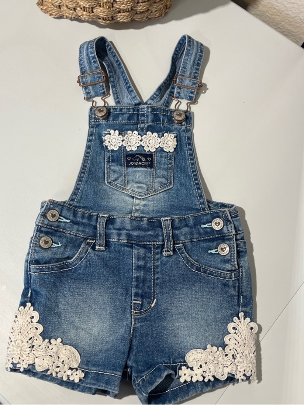 Jordache Denim Short Overalls with Cream Lace Trim